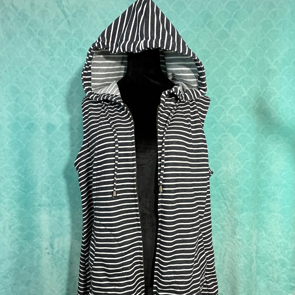 Navy White Striped Hooded Vest Full Zip Sleeveless Tunic Drawstring Pockets Larg